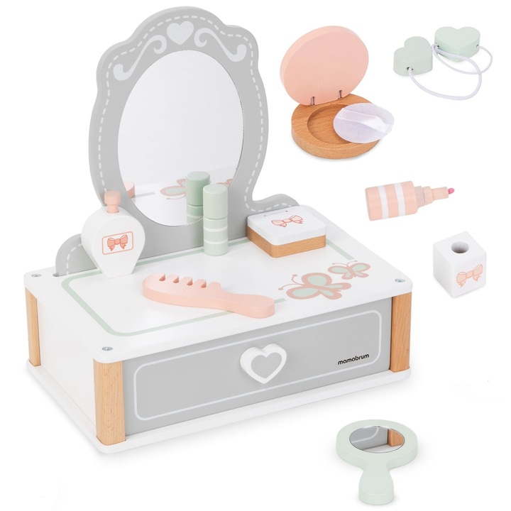Комплект Тоалетка От Дърво С Аксесоари, Mamabrum, Mam74 My Dresser, Масивно Дърво, МДФ, Безопасно Огледало, Здрава Конструкция, Висока Устойчивост На Повреди, 29,5x19x31 см, Многоцветен, 10 Аксесоара