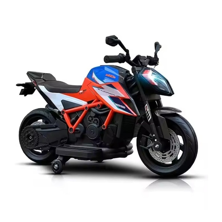 Motocicleta electrica pentru copii 3 ani+, motor 50W, 12V7AH, cu roti ajutatoare, lumini si muzica, 117.7x63x83.6 cm, rosu/albastru/portocaliu, Portocaliu