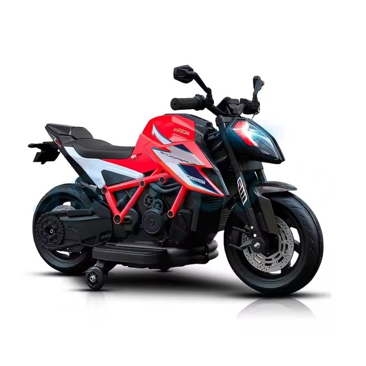 Motocicleta electrica pentru copii 3 ani+, motor 50W, 12V7AH, cu roti ajutatoare, lumini si muzica, 117.7x63x83.6 cm, rosu
