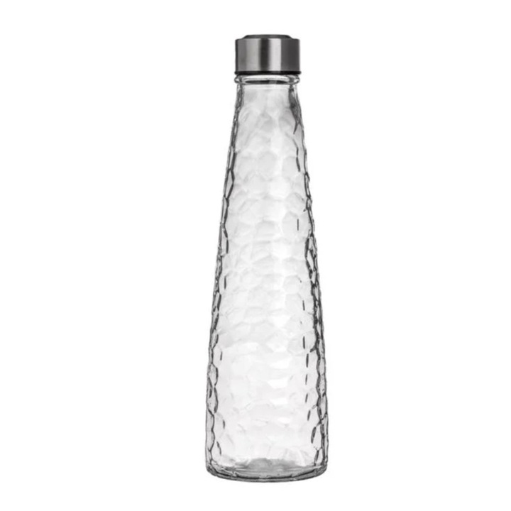 Sticla pentru apa din sticla, cu capac metalic cu filet, model in relief, transparent, 700ml, 8x29 cm