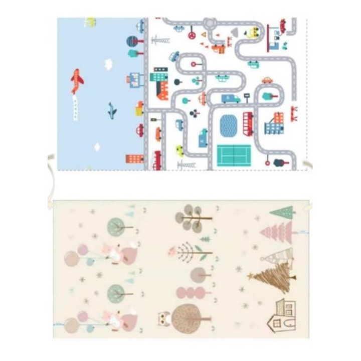 Covoras de Joaca pentru Copii Termic cu 2 Fete, Cyrax, Model Vulpi si Pista de Masini, cu Spuma, Impermeabil, Antiderapant, 200cm x 160cm x 0.6cm