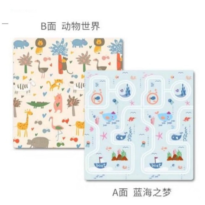 Covoras de Joaca pentru Copii Termic cu 2 Fete, By Fitilomania, Model Lumea Animalelor si Calatorie pe mare, cu Spuma, Impermeabil, Antiderapant, 200cm x 180cm x 0.8cm