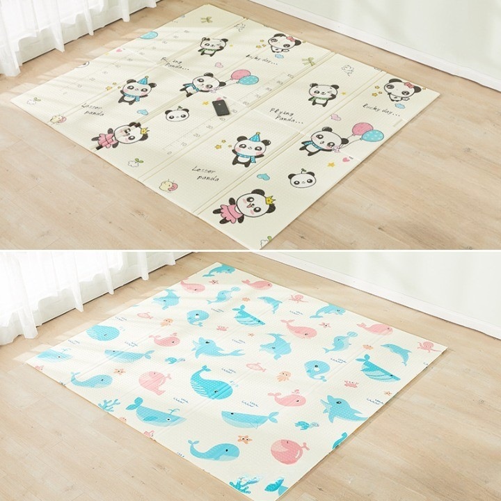 Covoras de Joaca cu 2 Fete pentru Copii, Termic, Model Panda si Delfini, cu Spuma, Impermeabil, Antiderapant, 200 cm x 180 cm x 1 cm