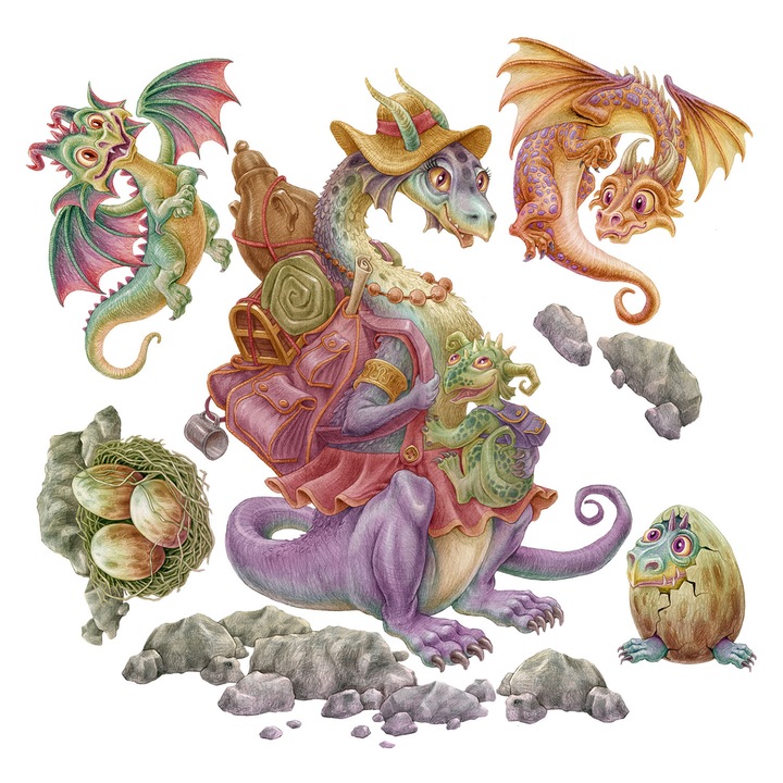 Autocolante camera copilului, Coloray, Dragoni de poveste in stil de desene animate cu culori, Multicolor, 130x158 cm, 010120200550000281769