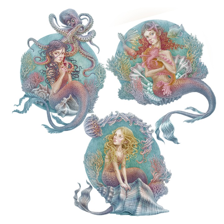 Autocolante camera copilului, Coloray, Un paradis al sirenelor intr-un stil marin pastel, Turcoaz, 100x128 cm, 010120201640000281776