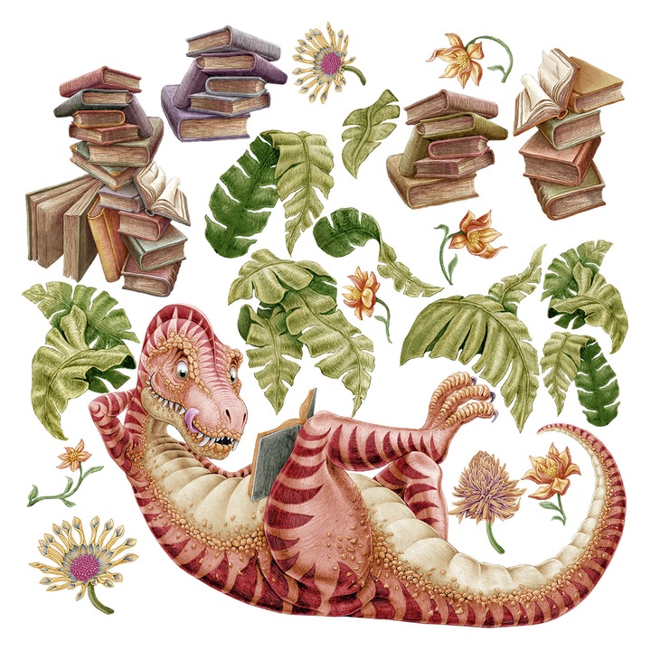 Stickere decorative bebelusi, Coloray, Dinozaur de desene animate in frunze si pasteluri, Verde, 130x194 cm, 010120200890000281759