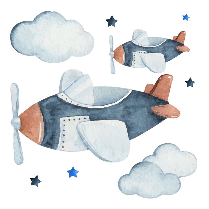 Fali Dekoráció, Coloray, Repülőgépek a pasztell égen akvarell stílusban, Tengerészkék, 60x102 cm, 010120203410000281552