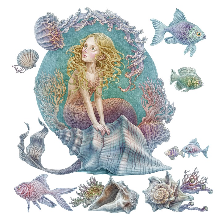 Stickere educative perete, Coloray, Scoici de peste intr-un stil de desene de poveste, Turcoaz, 100x88 cm, 010120201370000281774