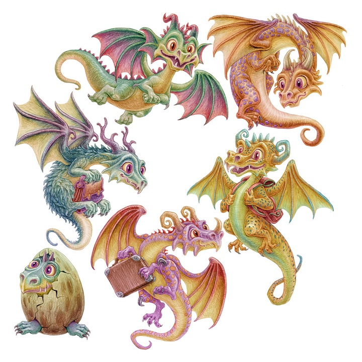 Autocolant pentru copii, Wallfluent, Dragoni mici, Multicolor, 130x111 cm, 010120200250000281771