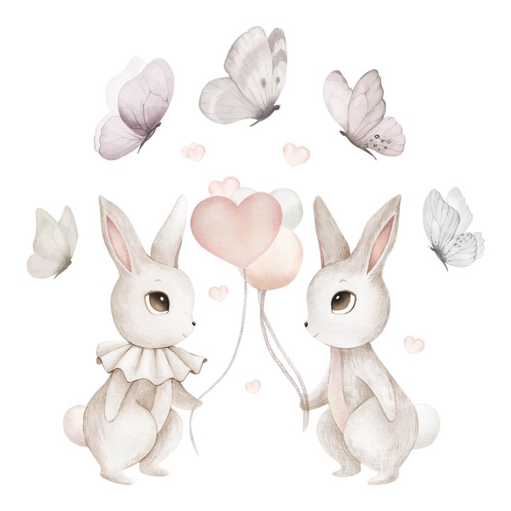 Öntapadós matrica, Wallfluent, Nyuszik léggömbökkel, Szürke, 130x164 cm, 010120200600000281670