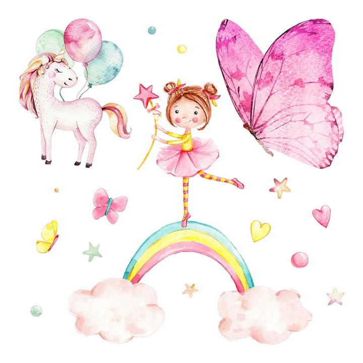 Stickere de perete copii, Coloray, O fata pe un curcubeu cu fluturi si un unicorn, Roz, 130x170 cm, 010120200650000281724