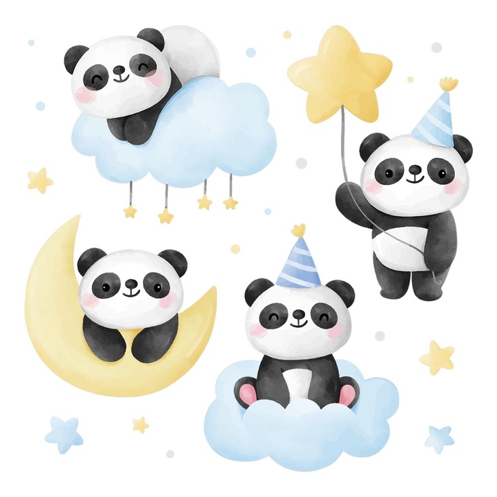 Fali Dekoráció, Coloray, Akvarell pandák lágy pasztell égbolton, Kék, 60x84 cm, 010120203230000281650