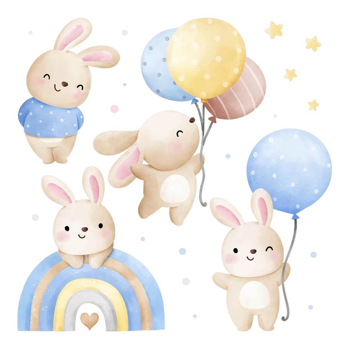 Fali Dekoráció, Coloray, Akvarell nyuszik léggömbökkel és csillagokkal, Kék, 60x94 cm, 010120203330000281662