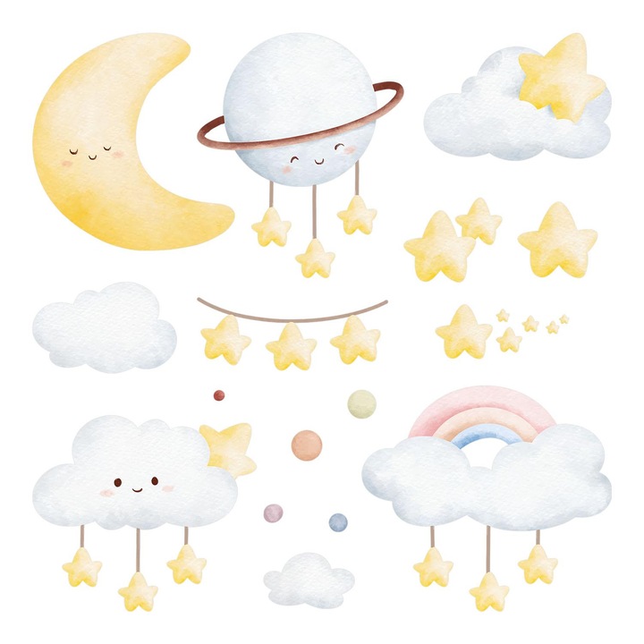 Gyerekszoba matrica, Wallfluent, Ég és tér elemek, Sárga, 130x176 cm, 010120200710000281624