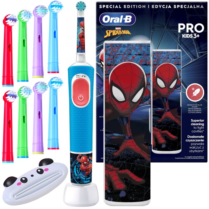 Set, Periuta de dinti electrica pentru copii, Oral-B Vitality PRO Kids 3+, Spiderman Travel Case, 1 Capete Spiderman, Alabastru, 8x Capete rezerva, Storcatoare de pasta