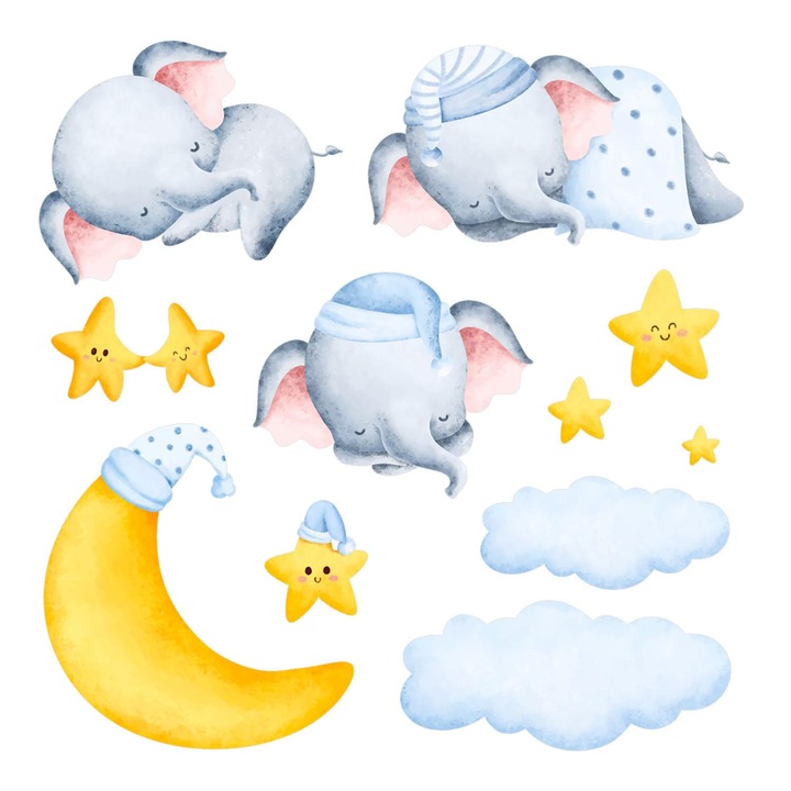 Öntapadós matrica, Wallfluent, Felhő elefántok, Kék, 130x177 cm, 010120200720000281588