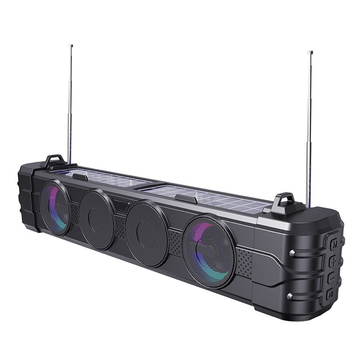 Бар високоговорител, Bluetooth, соларно зареждане, RGB светлини, TF, USB, FM радио, 1200mAh, преносим, черен
