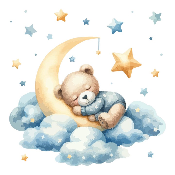 Fali Dekoráció, Coloray, Hold mackó a felhők és a pasztell csillagok között, Kék, 60x57 cm, 010120202990000281666