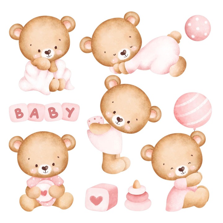 Fali Dekoráció, Coloray, Édes mackók pasztell akvarell kompozícióban, Rózsaszín, 60x105 cm, 010120203440000281596