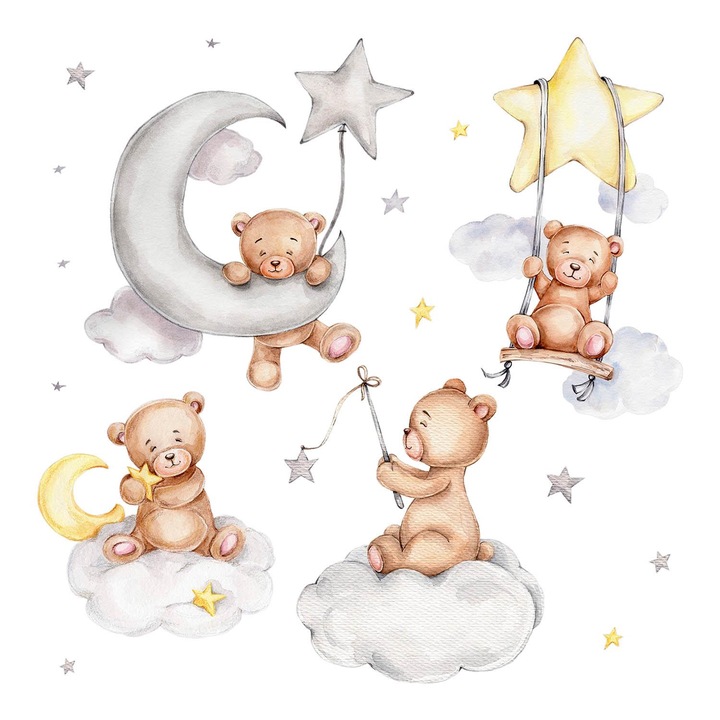 Fali Dekoráció, Coloray, Bájos mackók kék akvarellben, Szürke, 60x106 cm, 010120203450000281691