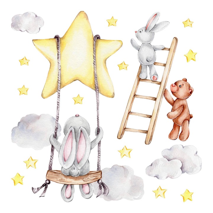 Fali Dekoráció, Coloray, Teddy mackók és csillagok akvarell stílusban, Szürke, 60x92 cm, 010120203310000281715