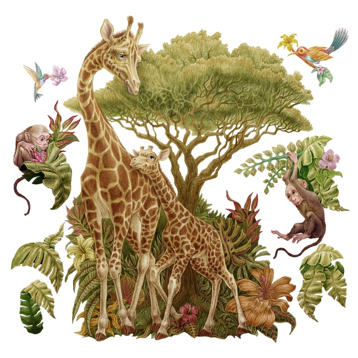 Autocolante camera copilului, Coloray, Motiv de desene animate cu animale salbatice si vegetatie, Verde, 130x195 cm, 010120200900000281429