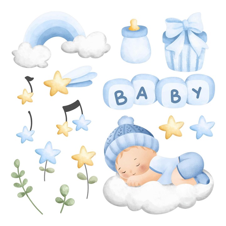 Fali Dekoráció, Coloray, Finom akvarell motívumok fiúknak, Kék, 60x96 cm, 010120203350000281622