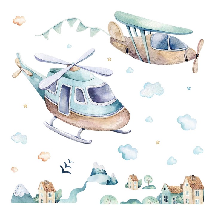 Fali Dekoráció, Coloray, Pasztell táj helikopterrel és repülőgéppel, Türkiz, 60x87 cm, 010120203260000281699