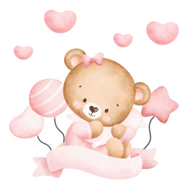 Gyerek falmatrica, Wallfluent, Aranyos mackó, Rózsaszín, 130x194 cm, 010120200890000281597