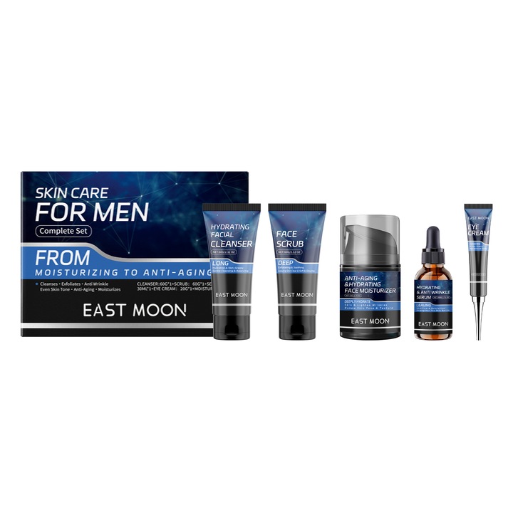 Комплект за грижа за лице за мъже, East Moon, дълбоко почистване, нежен ексфолиант, серум против бръчки, стягащ крем за очи, хидратиращ крем, многоцветен