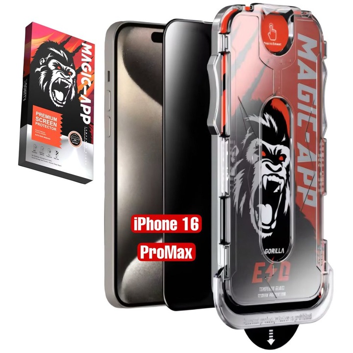 Комплект от 2 протектора за екран за iPhone 16 Pro Max, Gorilla X, 9H, защита от пръстови отпечатъци, защита от удар, EasyApp, съвместим с калъфи