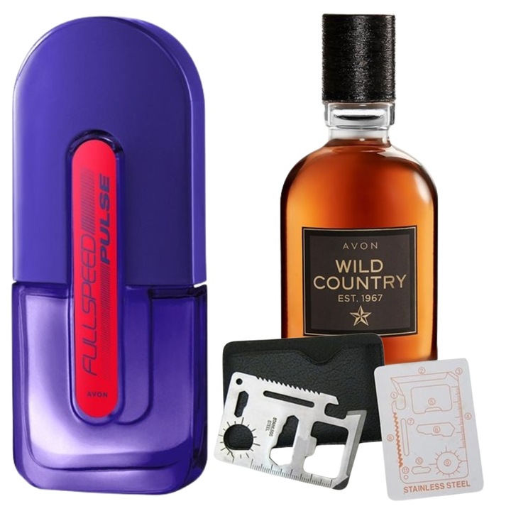 Set apa de toaleta Full Speed Pulse 75 ml, apa de toaleta Wild Country 75 ml, card multifunctional de supravietuire, otel inoxidabil