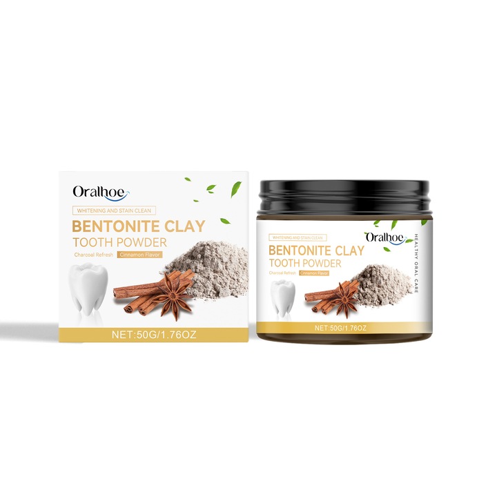Pudra dentara din bentonita cu cenusa vulcanica, curatare dinti, efect antibacterian, albire, 100g Oralhoe