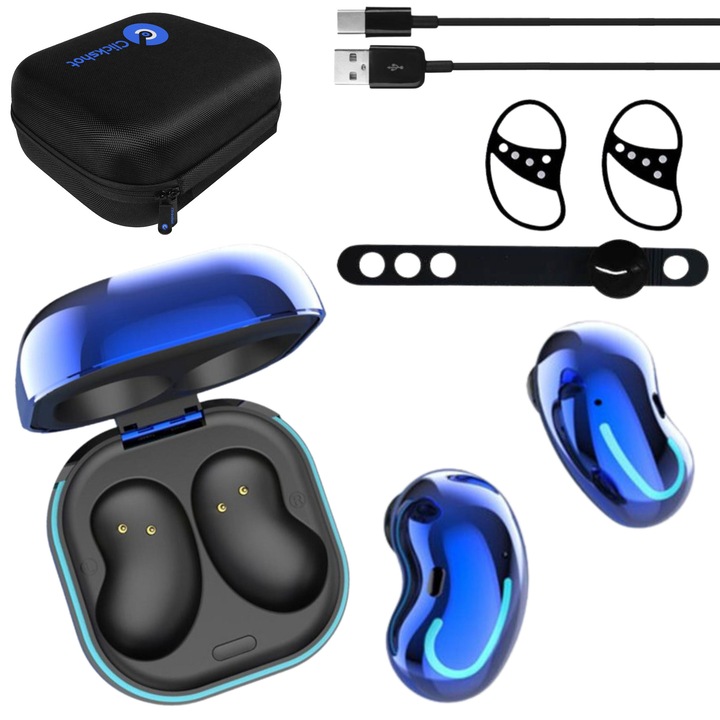 Casti Wireless Audio, Clickshot™, Bluetooth 5.1, Control prin Atingere, Eliminare Zgomot, Rezistente la Apa, Fara fir, Afisare LED, Microfon HD, Cablu USB, Carcasa Magnetica, Carcasa de depozitare, 2 Huse din silicon anti-alunecare, Organizator de cabluri