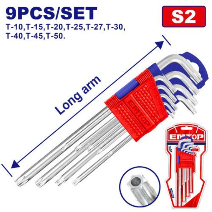 Set chei TORX, EMTOP, 9 bucati, din otel de inalta calitate, ideal pentru aplicatii auto si electronice