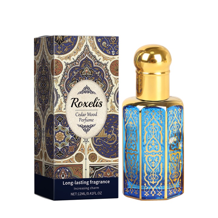 Parfüm roll-on unisex Roxelis 12ml – illatosított olaj cédrussal, olibanummal és szantálfával, meleg fás illat