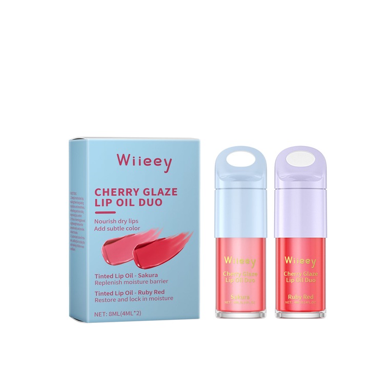 Hidratáló szájfénykészlet gyerekeknek, Wiieey, 3 árnyalat, cseresznye- és őszibarackmagolajjal, 5 ml/db