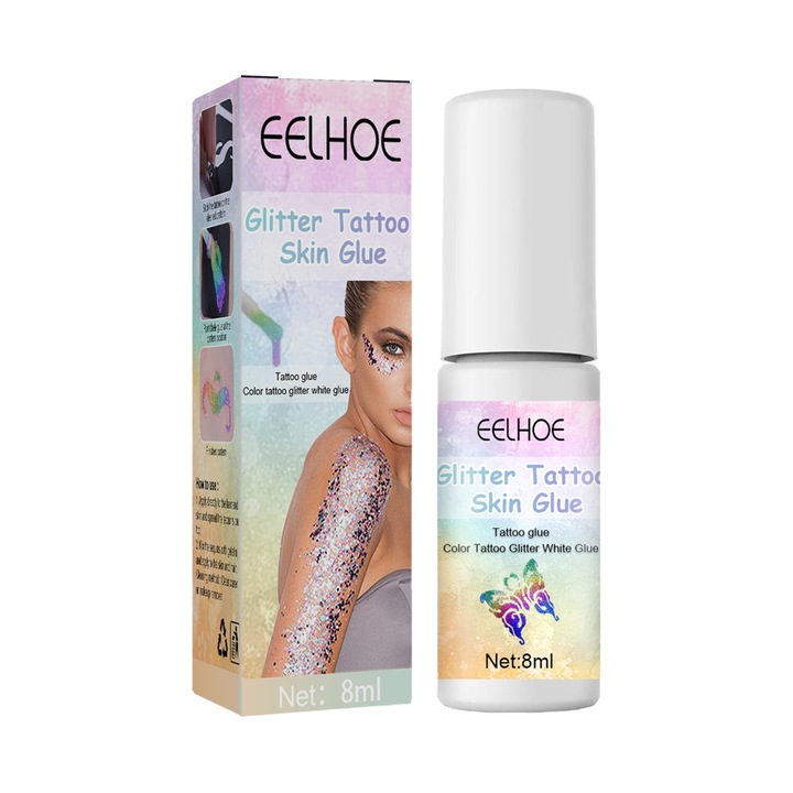 Gel de lipit pentru tatuaje cu sclipici, EELHOE, 30ml, cu aloe vera, pentru fata si corp