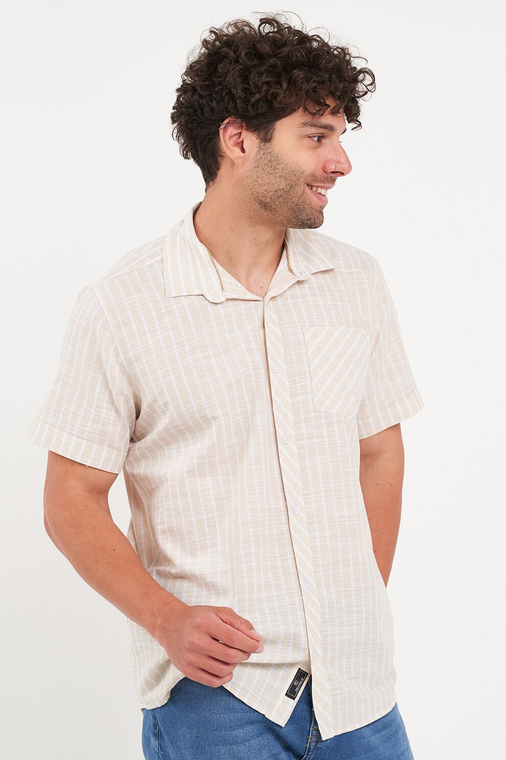 KVL by KENVELO, Camasa de bumbac cu dungi, Alb, Bej, XL