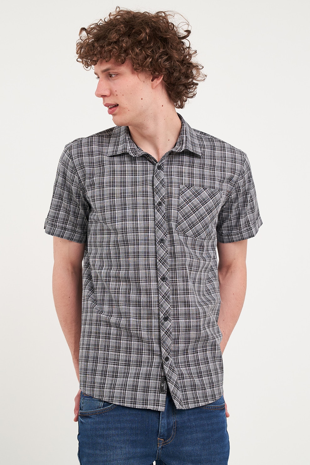 KVL by KENVELO, Camasa de bumbac cu maneci scurte, Negru, Gri deschis, XL
