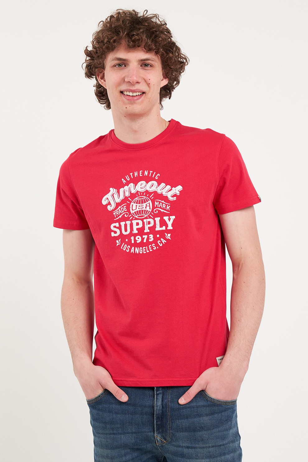 TIMEOUT, Tricou cu decolteu la baza gatului si logo, Alb, Rosu vermillion, M