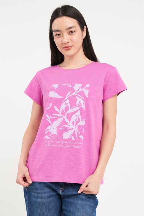 KVL by KENVELO, Tricou cu imprimeu si decolteu la baza gatului, Alb/Roz orhidee