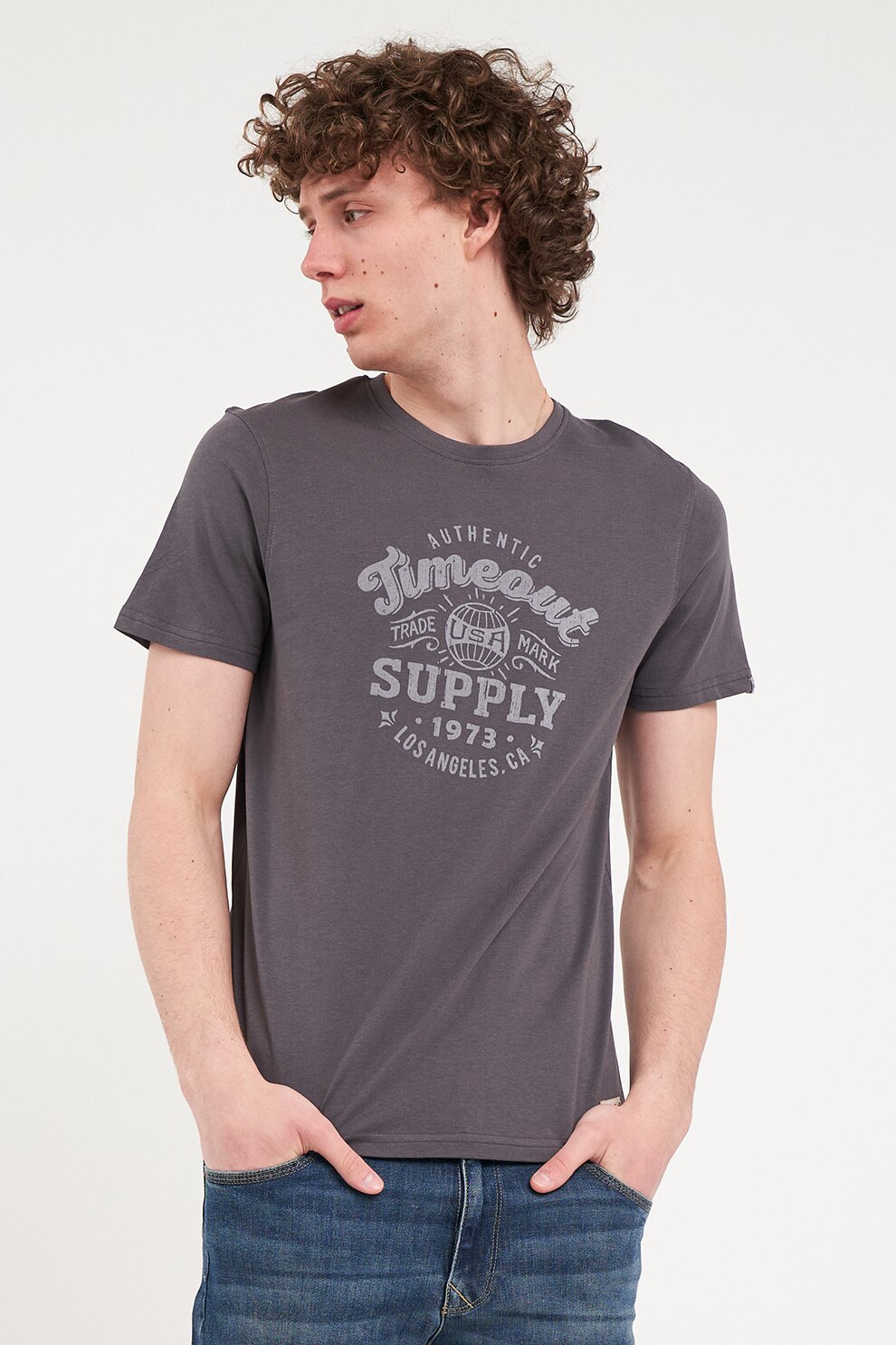 TIMEOUT, Tricou cu decolteu la baza gatului si logo, Gri antracit, M