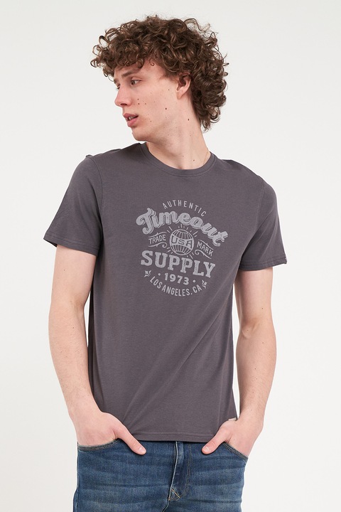 TIMEOUT, Tricou cu decolteu la baza gatului si logo, Gri antracit