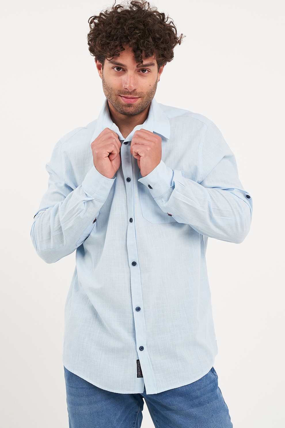 Lee Cooper, Camasa de bumbac cu guler amplu, Albastru deschis, S