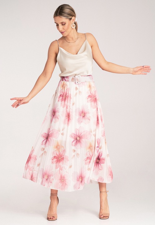 Fusta plisata Figl, eleganta, talie inalta, roz, poliester, S-M INTL