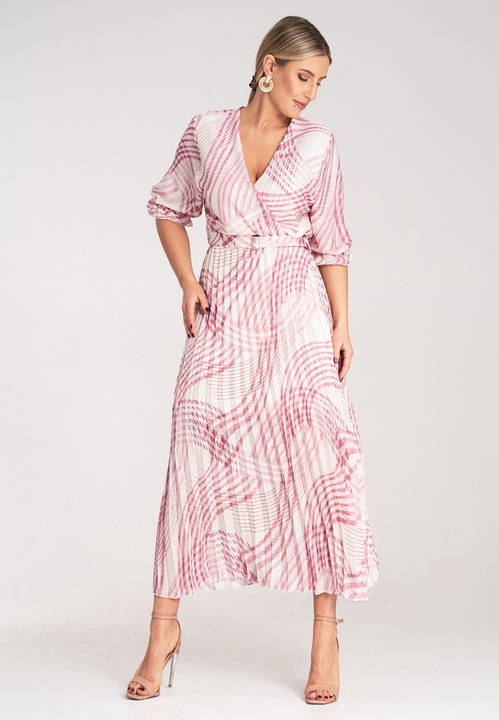 Rochie lunga Figl, imprimeu floral, roz, alb, cu volan, poliester, S-M INTL