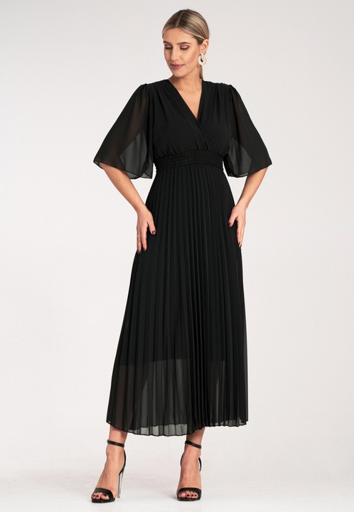 Rochie Figl plisata midi, eleganta, poliester, neagra, S-M INTL