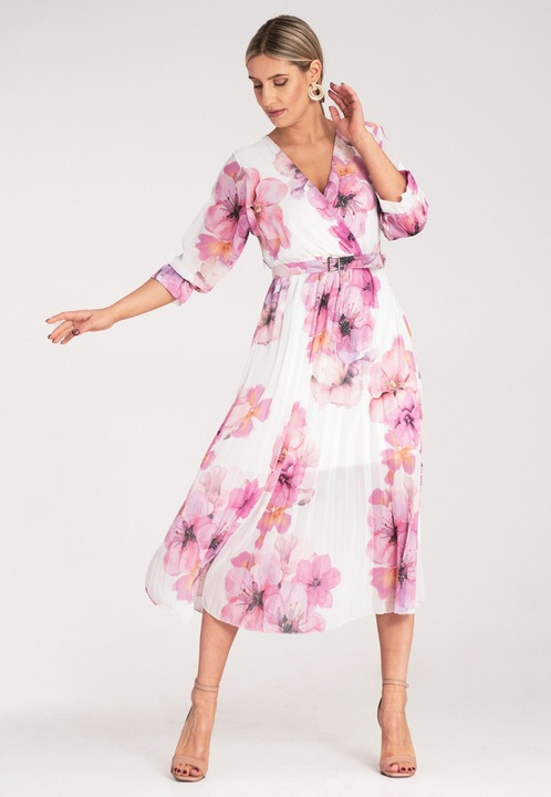 Rochie lunga, Figl, florala, alba, plisata, poliester, S-M INTL