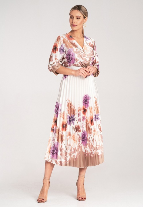 Rochie midi Figl, florala, alba cu curea, satin, eleganta, pentru ocazii speciale, S-M INTL